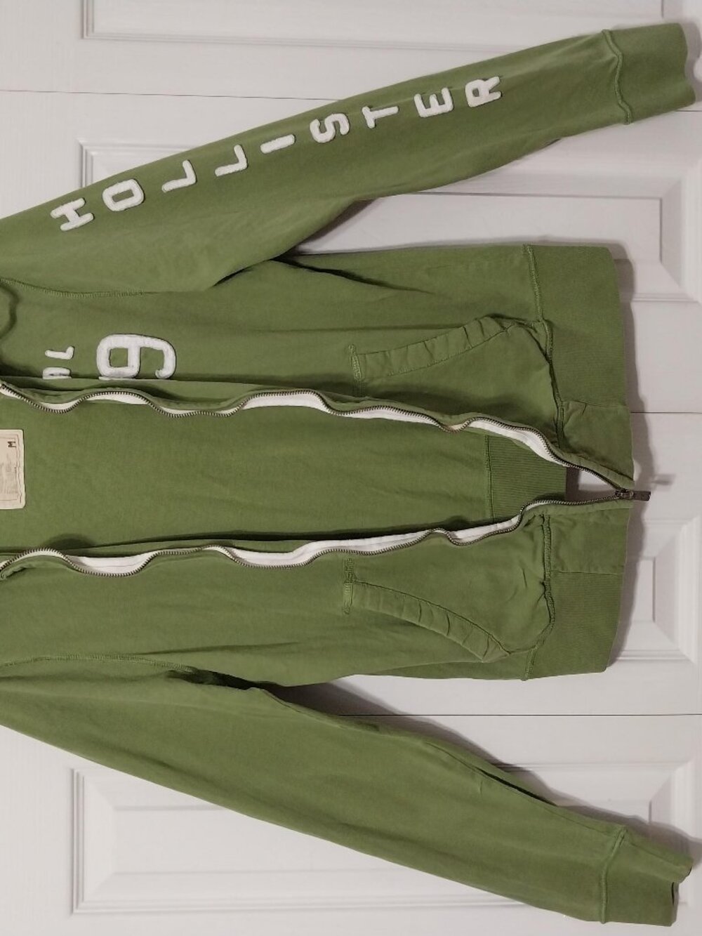 Vintage Y2K Hollister Full Zip Hoodie Olive Green | Size M Sleeve Spell Out